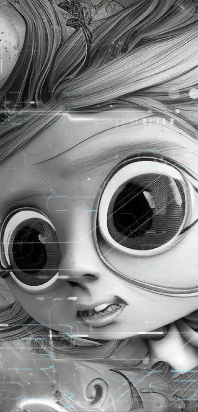 Surreal cartoon girl with big eyes in grayscale art style.