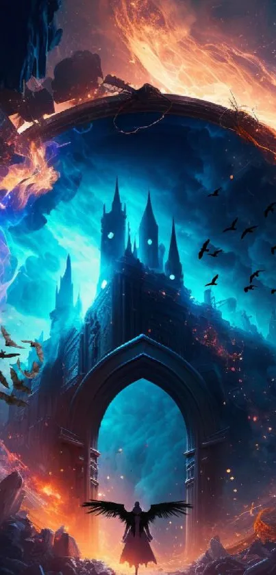 Fantasy landscape with castle and portal in surreal colors.