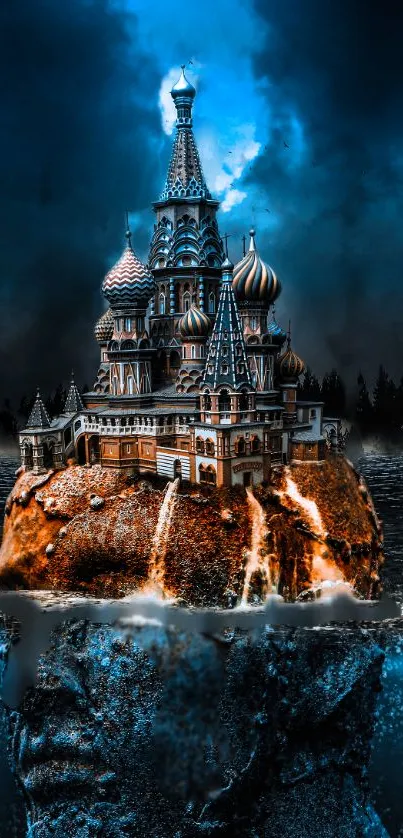 Surreal castle floating in dark clouds wallpaper.