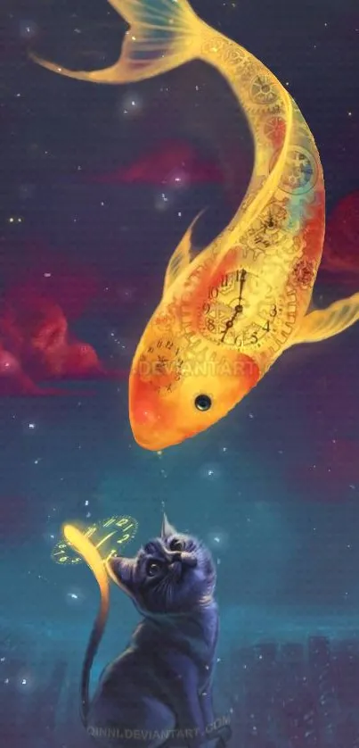 Surreal cat and glowing fish in a fantasy art wallpaper.