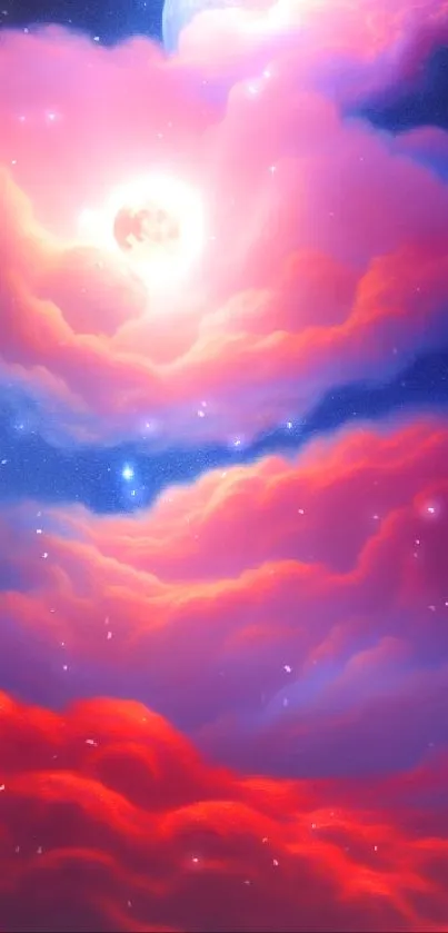 Vivid red and pink cosmic cloudscape with a glowing moon.