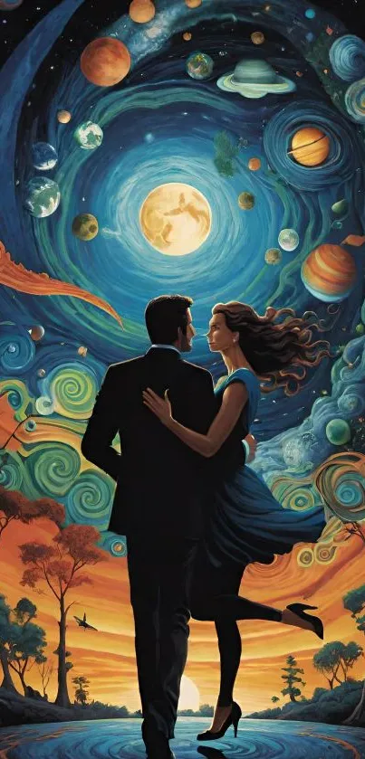 A couple dancing under a cosmic sky filled with planets and stars.