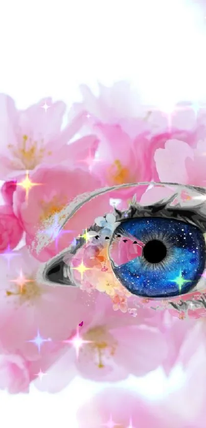 Surreal artwork of an eye within cherry blossoms.