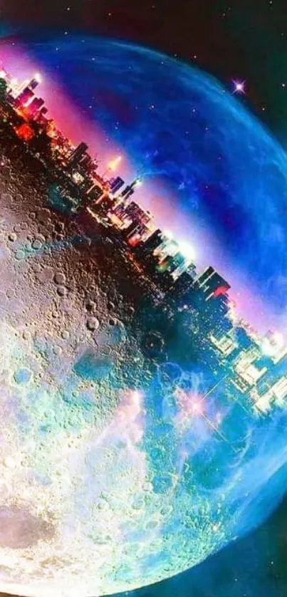 Surreal cityscape and moon wallpaper with vibrant blue and cosmic colors.