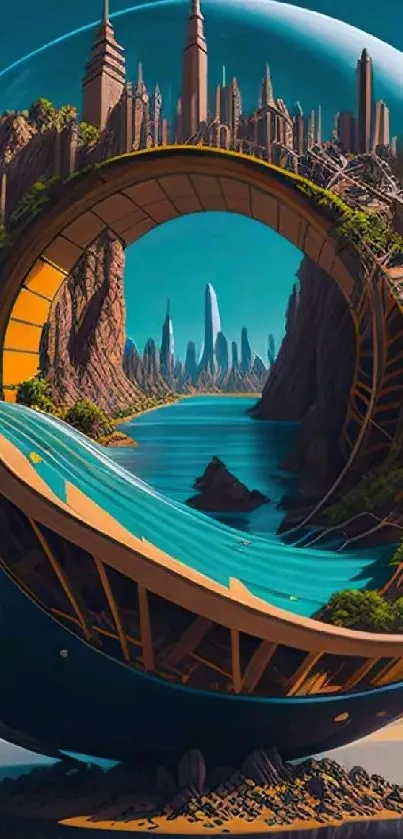 Surreal cityscape in sphere with nature, futuristic art design.