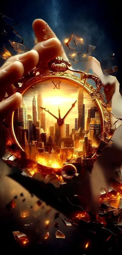 A surreal clock encases a vibrant cityscape, merging art and time.