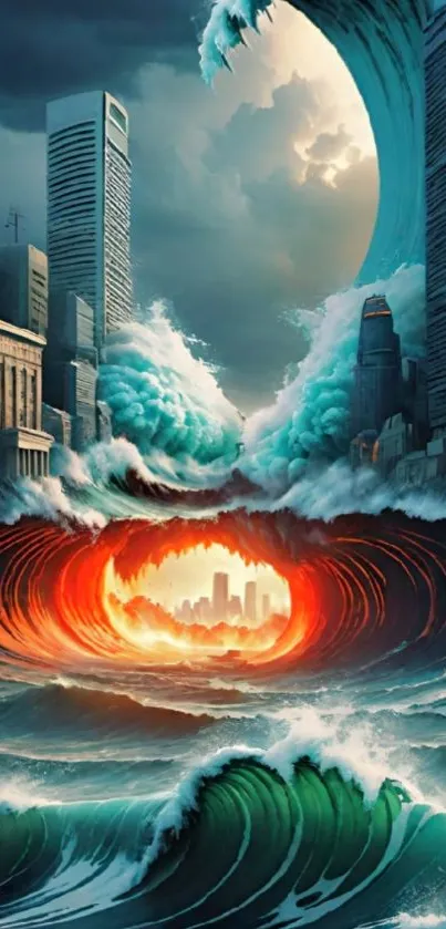 Surreal cityscape with ocean waves and fire.