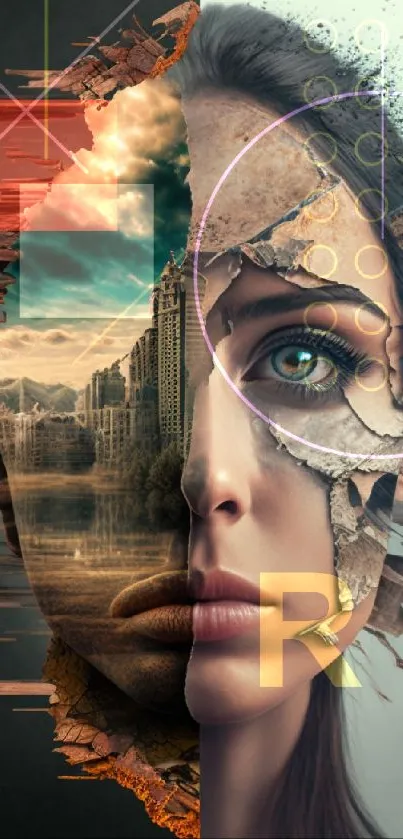 Surreal art wallpaper with cityscape and woman's face fusion.