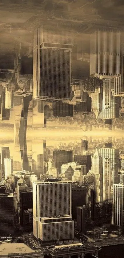 Surreal sepia cityscape with mirrored skyscrapers.