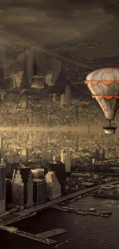 Surreal cityscape with hot air balloon in sepia tones.