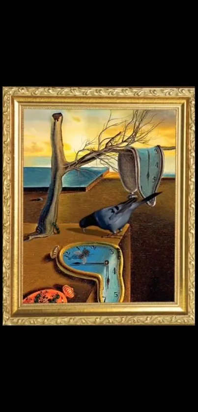 Surreal art wallpaper with melting clocks in a golden frame.