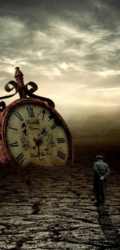 Surreal wallpaper with giant clock in a desert landscape.