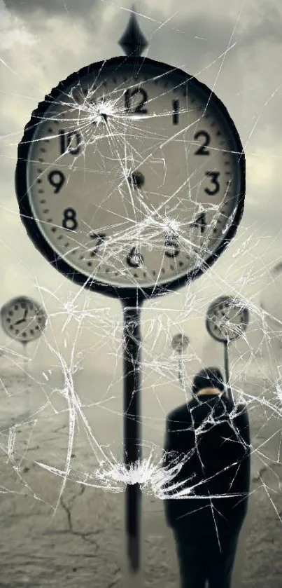 Surreal mobile wallpaper with cracked clocks and silhouetted figure.