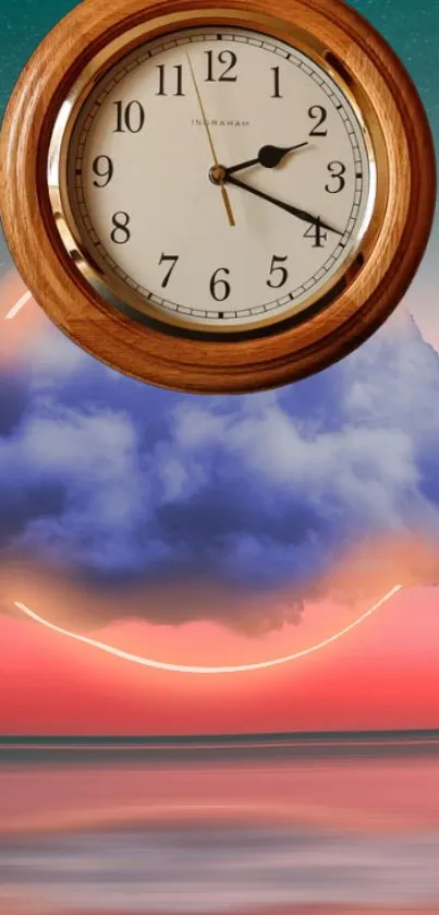 Surreal wallpaper with a clock above a dreamy ocean and cloud scene.