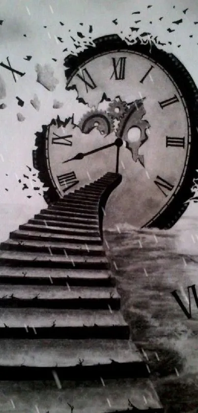 Surreal black and white clock with staircase artwork, symbolizing time and dreams.