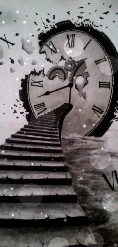 Surreal clock with staircase melting into ocean, creating abstract art.