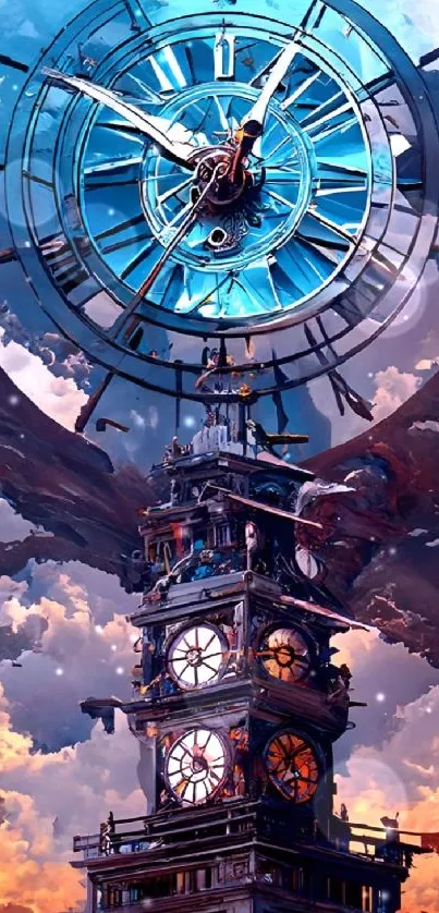 Surreal clock tower with cosmic skies.