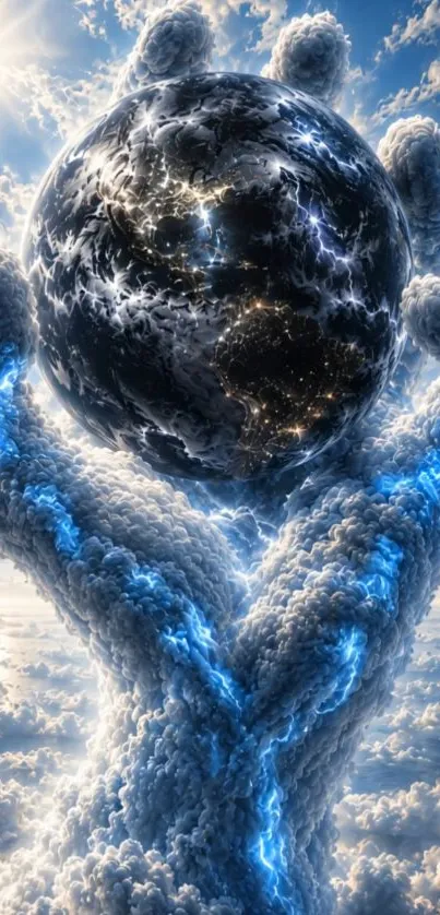 Surreal hands of clouds holding Earth with lightning.