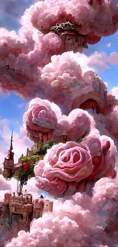 Surreal castle in pink clouds mobile wallpaper.