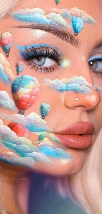 Surreal face art with clouds and balloons, vibrant colors.