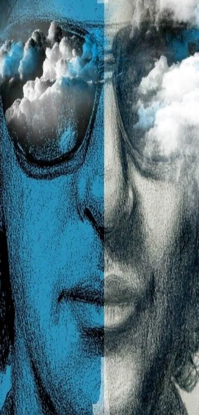 Split face design with cloud sunglasses and blue-gray tones in surreal art style.