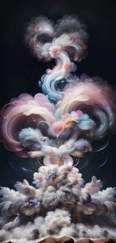 Surreal cloud formation with vibrant colors on a dark sky background, artistic and ethereal.