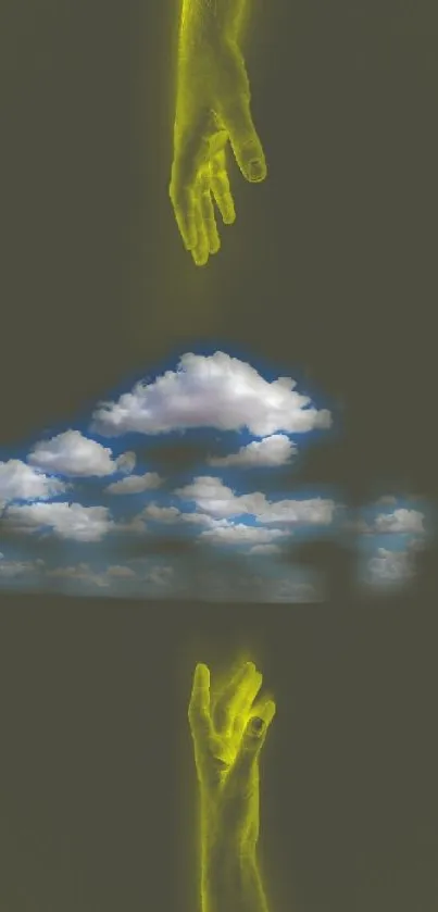 Surreal wallpaper with floating hands and clouds.