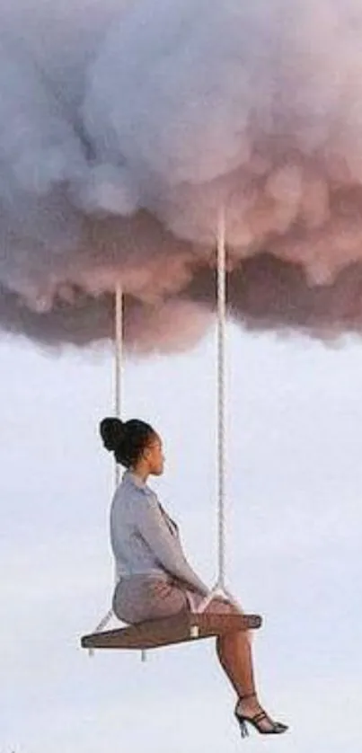 Surreal wallpaper of woman swinging from a cloud in the sky.