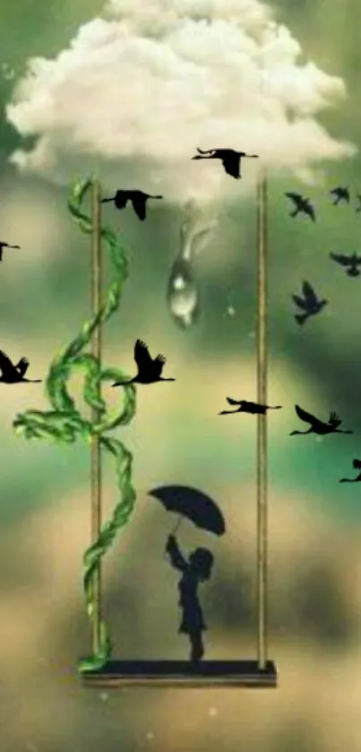 Surreal artwork of a swing with clouds and birds.