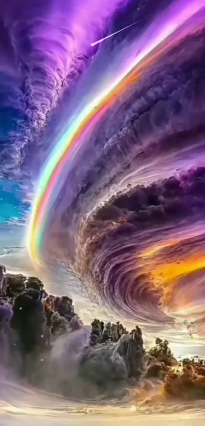 Surreal cloud vortex with vivid colors and swirling patterns in the sky.