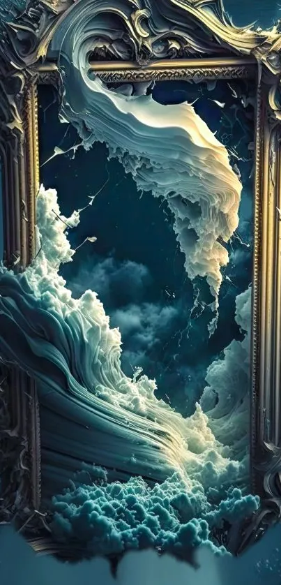 Surreal cloudscape art within ornate frame, teal hues.