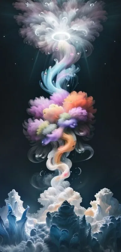 Surreal artwork with colorful clouds against a dark, mystical background.