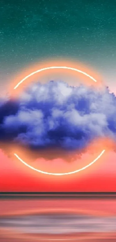 Surreal blue cloud with neon circle on colorful sunset background.