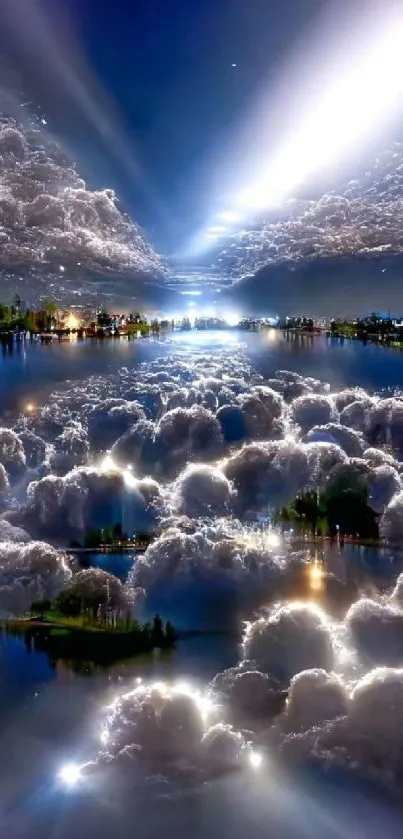 Surreal cloudscape with luminous clouds and reflections in a dark blue sky.