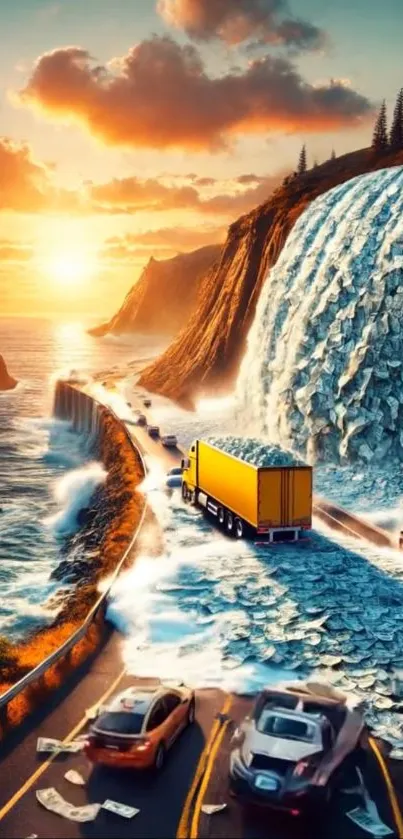 Surreal coastal road with waterfall and sunset