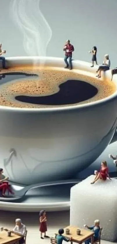 Miniature people on a steaming coffee cup in a surreal art design.