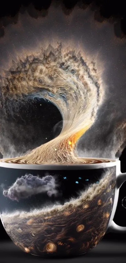 Surreal coffee cup with cosmic swirl art design in a dark brown theme.