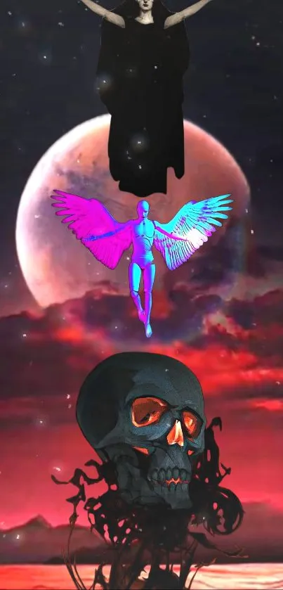 Surreal cosmic wallpaper with angel and skull art.