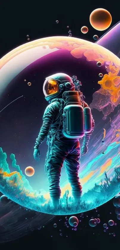 Surreal art of an astronaut in a cosmic bubble.