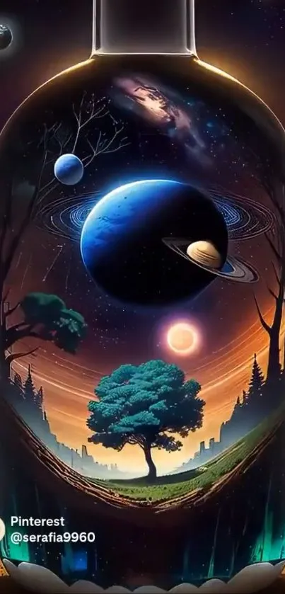 Surreal artwork of planets and a tree inside a bottle.