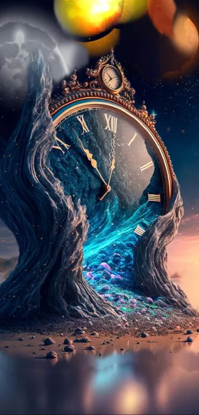 Surreal cosmic clock in dreamy universe wallpaper.