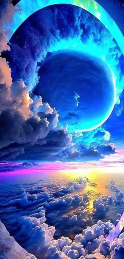 Surreal cosmic cloudscape with vivid colors and a distant planet.