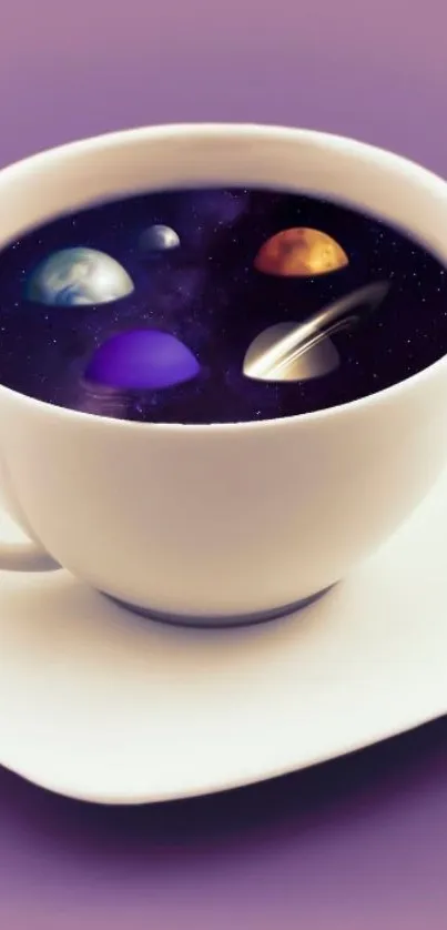 Surreal cosmic scene with planets in a coffee cup on a purple background.