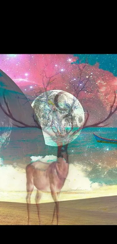 Surreal deer in cosmic dreamscape with bright colors and mystical elements.