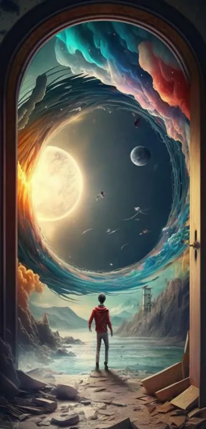 Surreal cosmic doorway with vivid colors and dreamlike scenery in wallpaper.