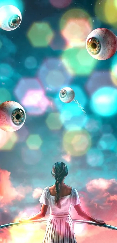 Surreal cosmic art with floating eyeballs and a figure in a dreamlike landscape.