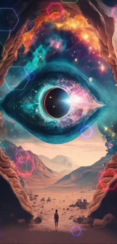 Surreal cosmic eye in colorful landscape wallpaper.