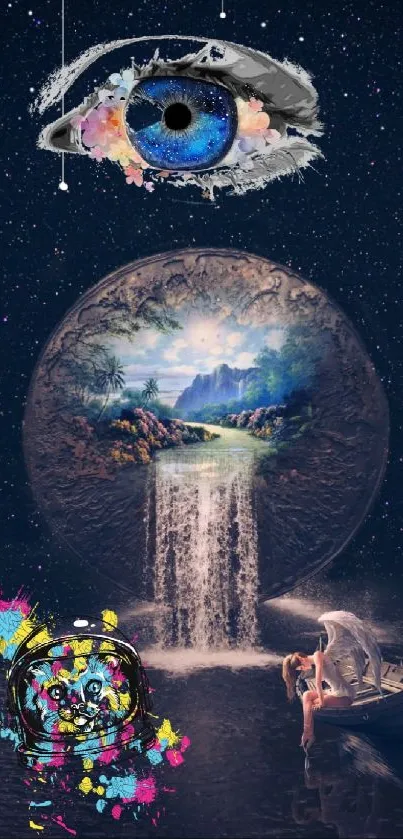 A surreal cosmic eye with waterfall art and ethereal boat on starry night background.