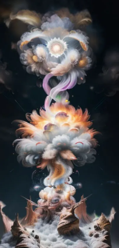 Surreal cosmic wallpaper with vibrant colors and swirling clouds.