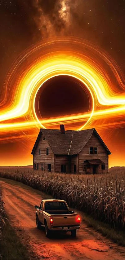 A surreal cosmic landscape with a black hole and rustic house under glowing sky.